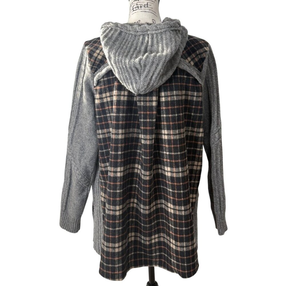 Anthropologie Moth Derry Plaid Jacket Hooded Cable Knit Sweater Wool Women Sz L - Picture 4 of 10